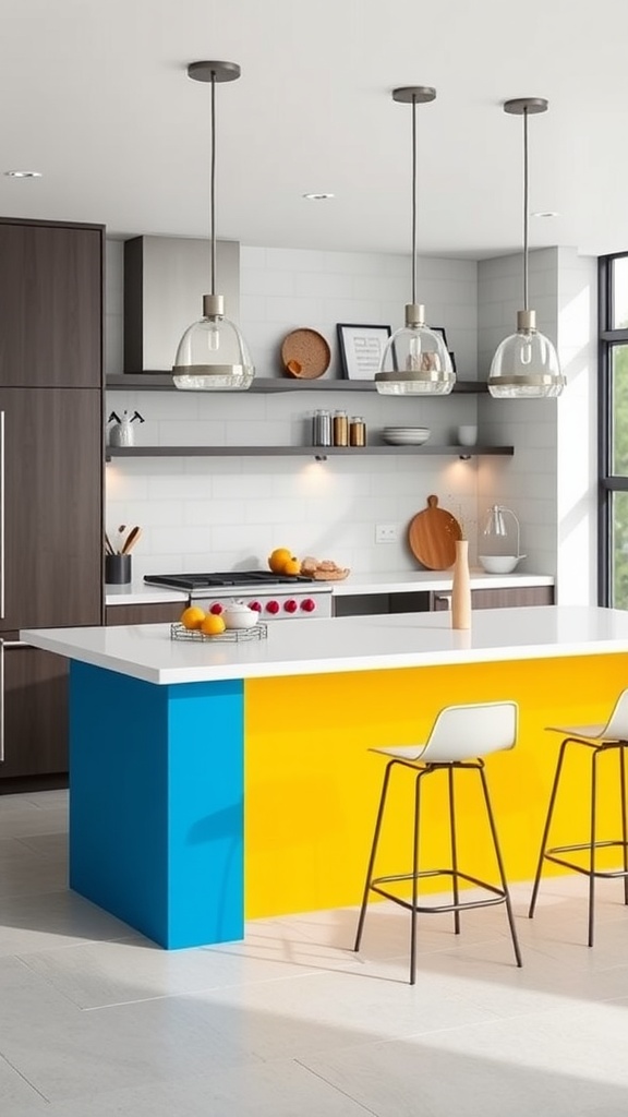 A modern kitchen with a bright yellow and blue peninsula, featuring sleek lighting and stylish bar stools.