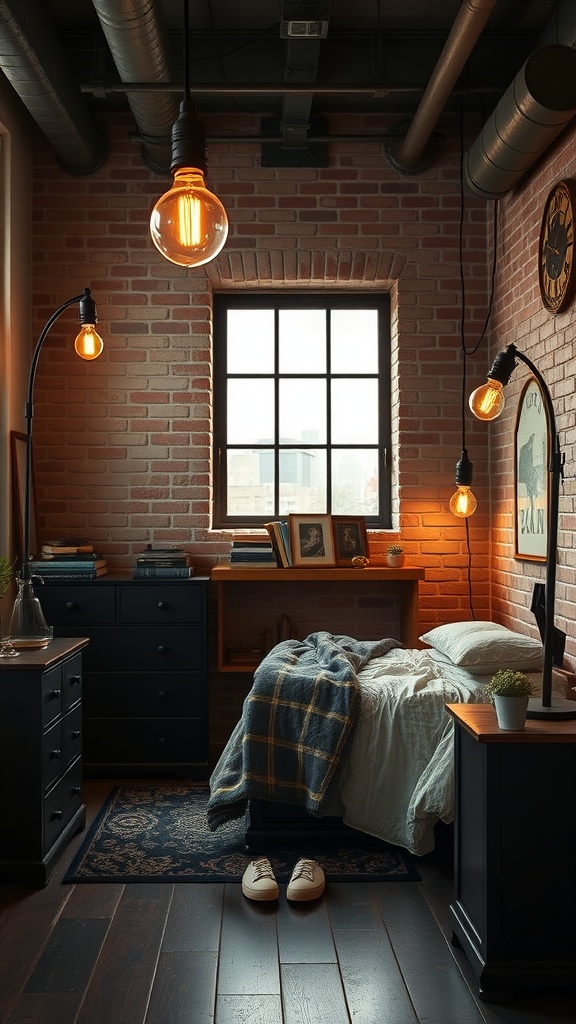 A cozy bedroom featuring industrial lighting, brick walls, and wooden furniture, creating a warm atmosphere.