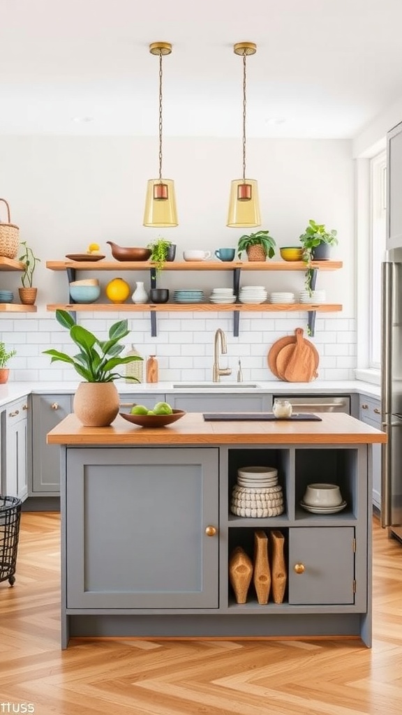 A cozy kitchen with open shelving displaying plates and plants, showcasing a small kitchen island.
