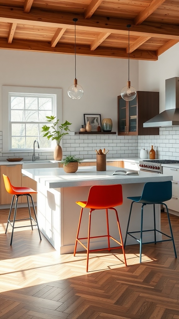 Bright kitchen featuring colorful bar stools at a kitchen peninsula