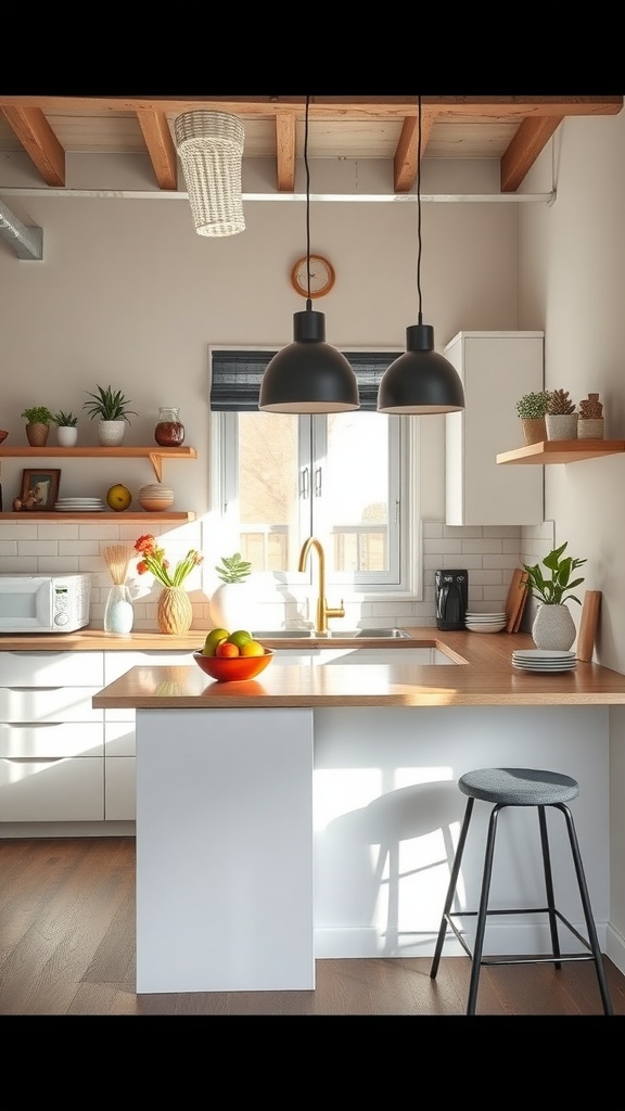 A small kitchen island with a single bar stool and fresh fruit on the countertop, showcasing a cozy kitchen design.
