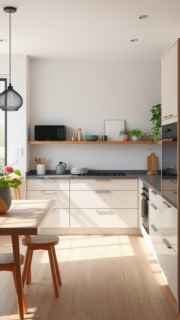 A modern kitchen featuring neutral colors and natural light, showcasing light cream cabinets and wooden accents.