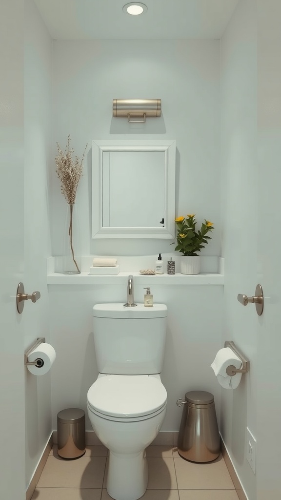 A small bathroom featuring sleek accessories, a modern toilet, minimalist decor, and soft lighting.