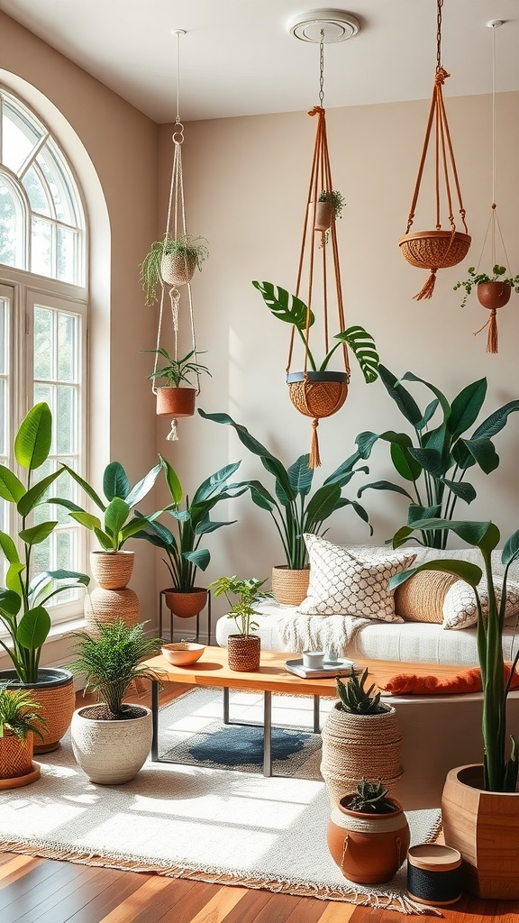 A stylish living room featuring various houseplants, including hanging plants, arranged around a cozy seating area.