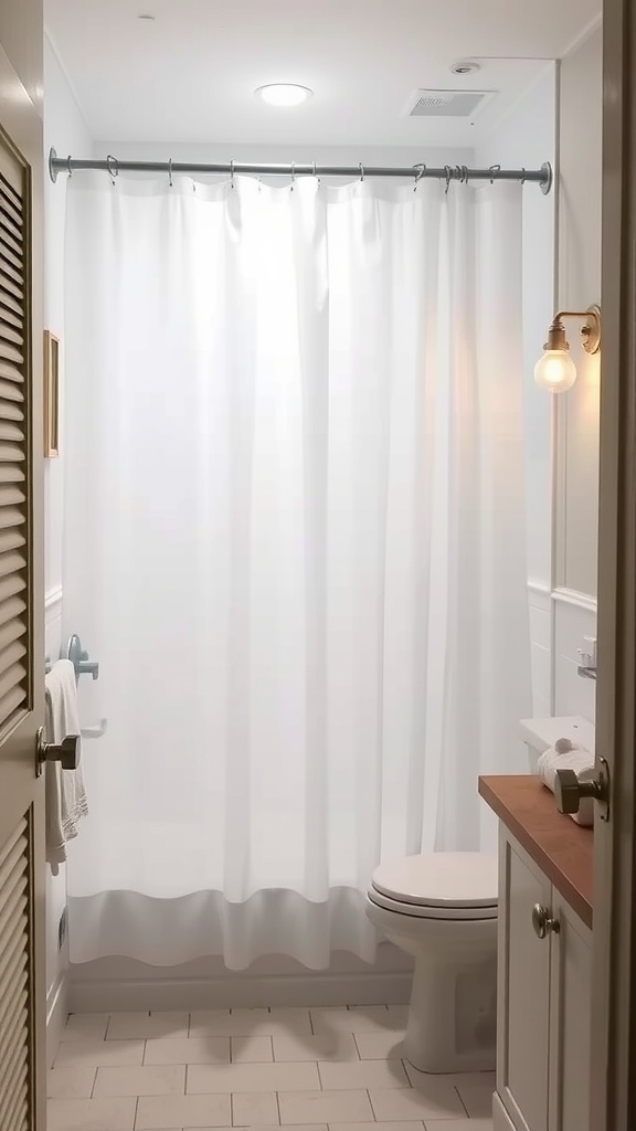 Small bathroom with white shower curtain and curved rod