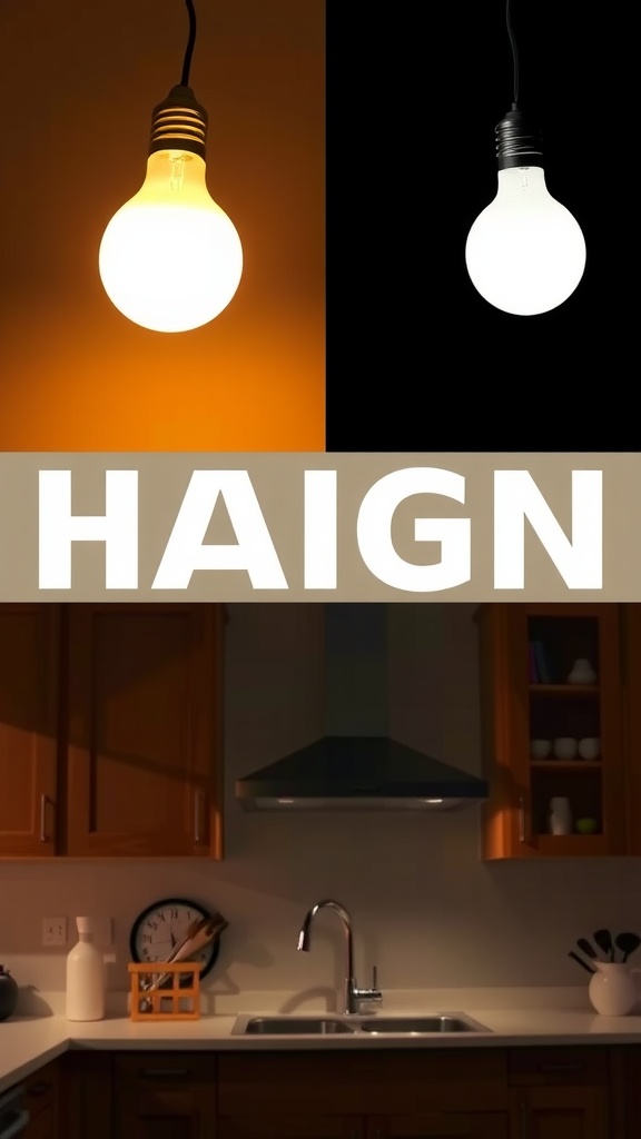 An image showing two light bulbs with different color temperatures: one warm yellow light and one bright white light, in a kitchen setting.