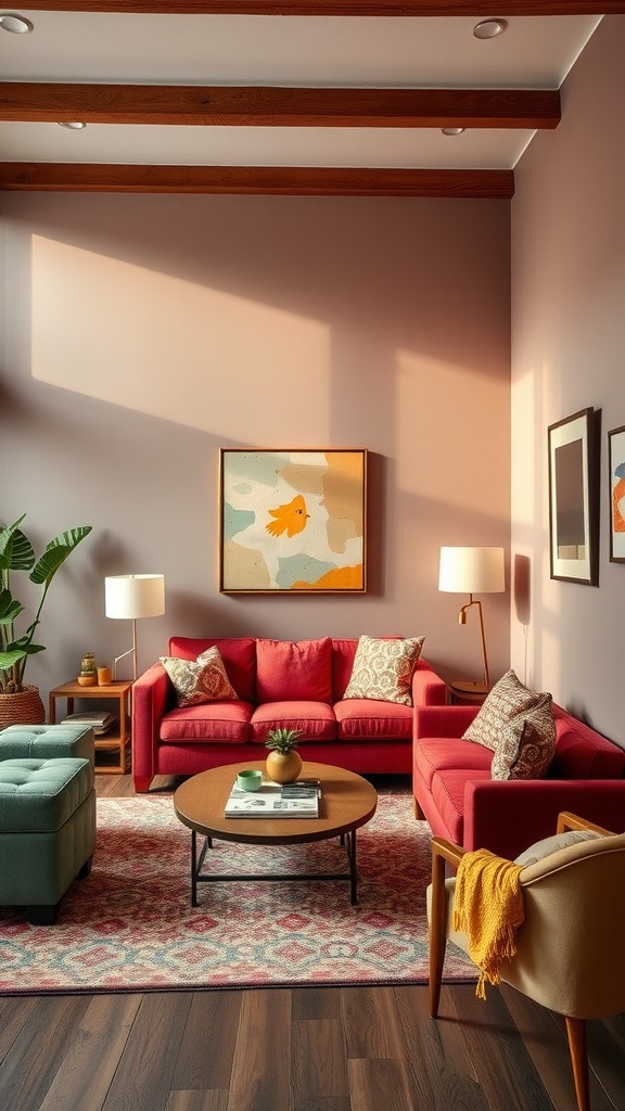 A cozy living room featuring red sofas, a green ottoman, and a patterned rug, with warm lighting.