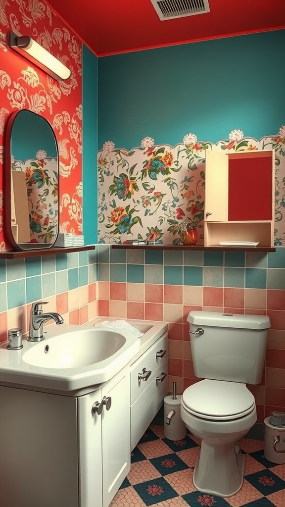 A small bathroom featuring a mix of red, turquoise, and floral patterns, illustrating a chaotic color scheme.