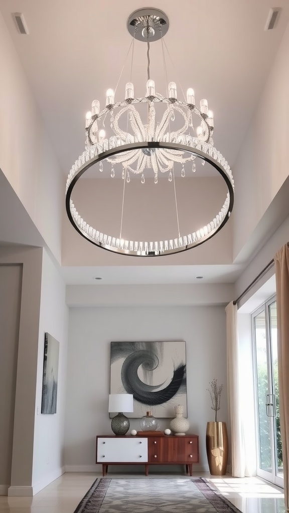 A modern circular chrome chandelier hanging in a bright entrance hall
