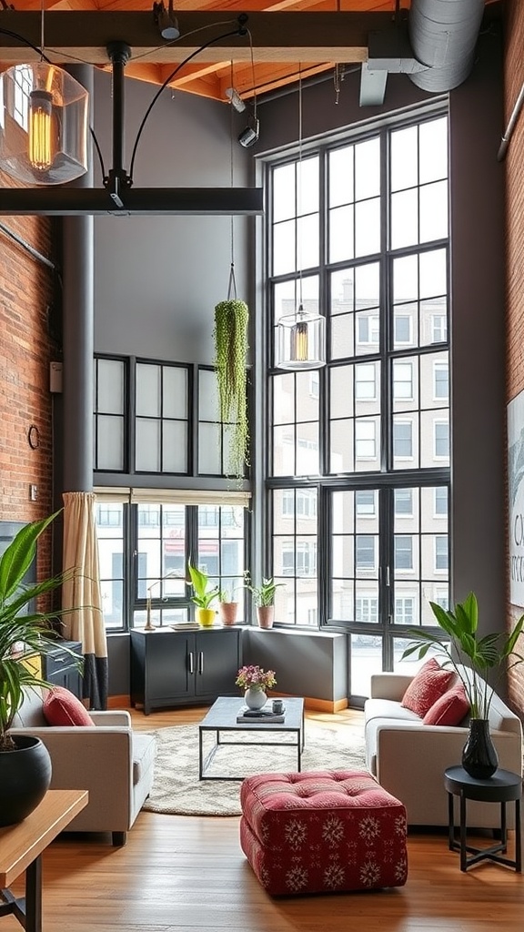 A stylish living area featuring large windows, plants, and modern furniture, painted in Sherwin Williams City Loft SW 7631.