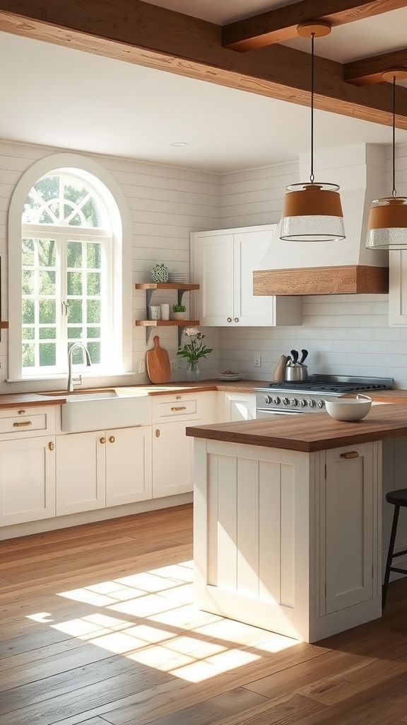 A bright kitchen with shiplap on the peninsula base and wooden countertop.