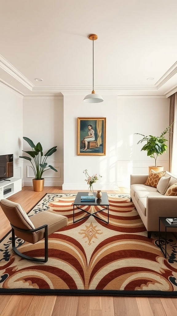 A stylish living room with a vintage-inspired rug featuring bold patterns, complemented by modern furniture and decor.