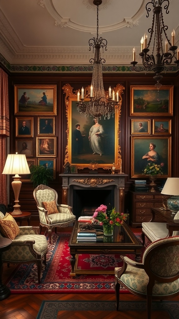 An opulent old-world aesthetic living room featuring classic art, elegant furniture, and a chandelier.