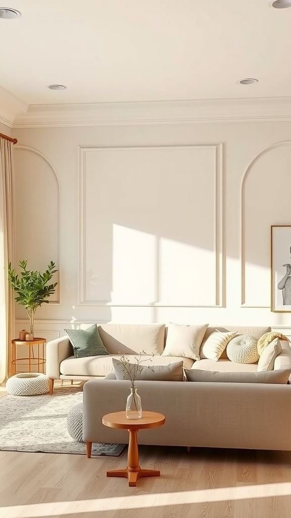 A cozy living room with beige walls, soft furniture, and natural light.