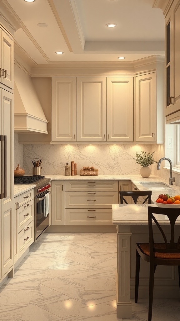 A classic beige U-shaped kitchen featuring warm cabinetry, modern appliances, and elegant lighting.