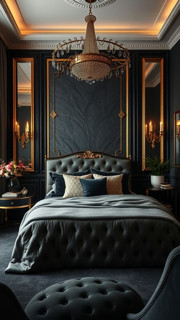 A luxurious dark bedroom featuring black walls, a gold chandelier, and elegant furnishings.