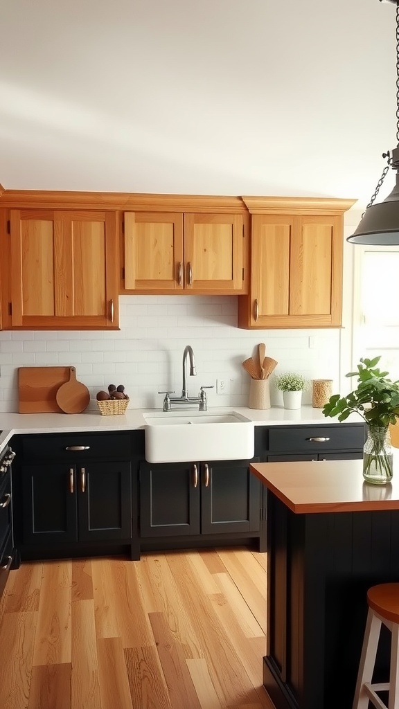 A kitchen featuring classic black lower cabinets and natural wood upper cabinets, with a farmhouse sink and wooden island.