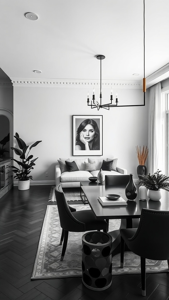 A stylish black and white living room dining room combo with modern furniture and decor.