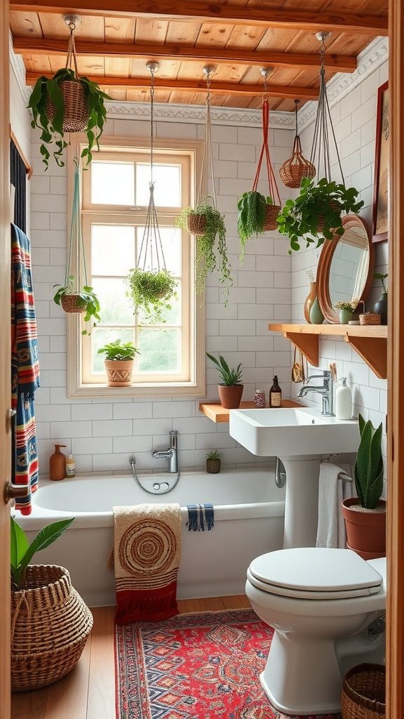 A cozy boho bathroom featuring hanging plants, wooden ceiling, and colorful decor.