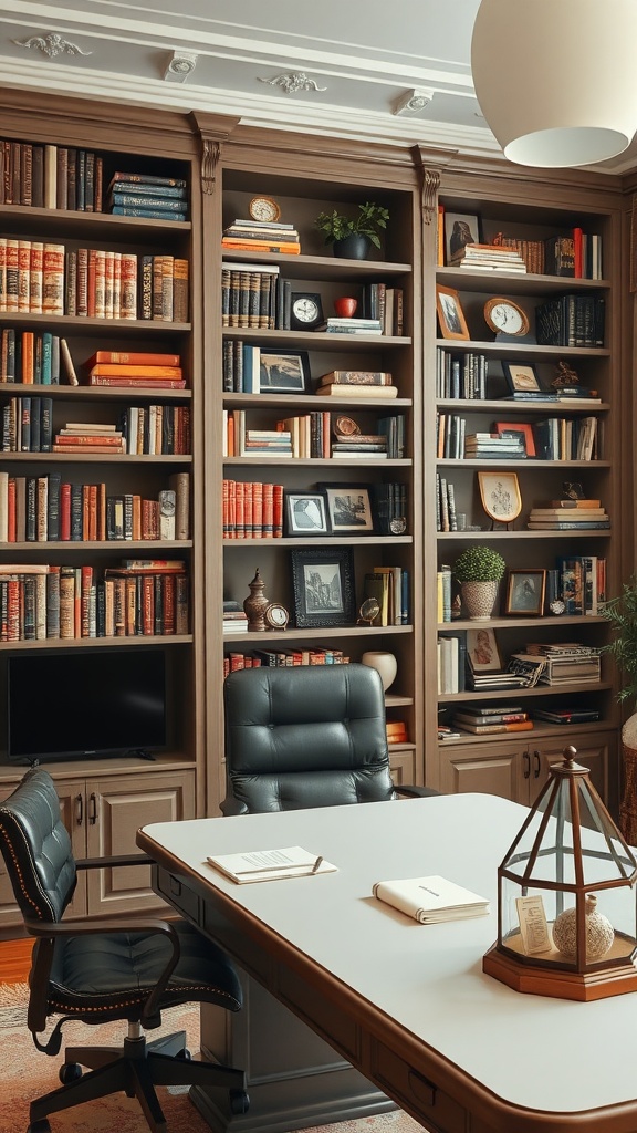 A masculine home office featuring a classic bookcase filled with books and decorative items, a sleek desk, and a leather chair.