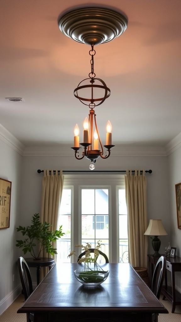 A classic candle-style light fixture hanging from a ceiling, illuminating a dining room with a wooden table and natural light from windows.