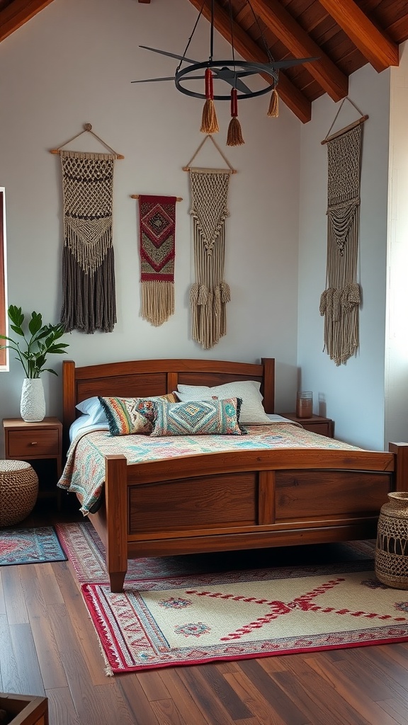 A cozy boho-style bedroom featuring wooden furniture, colorful textiles, and macramé wall hangings.