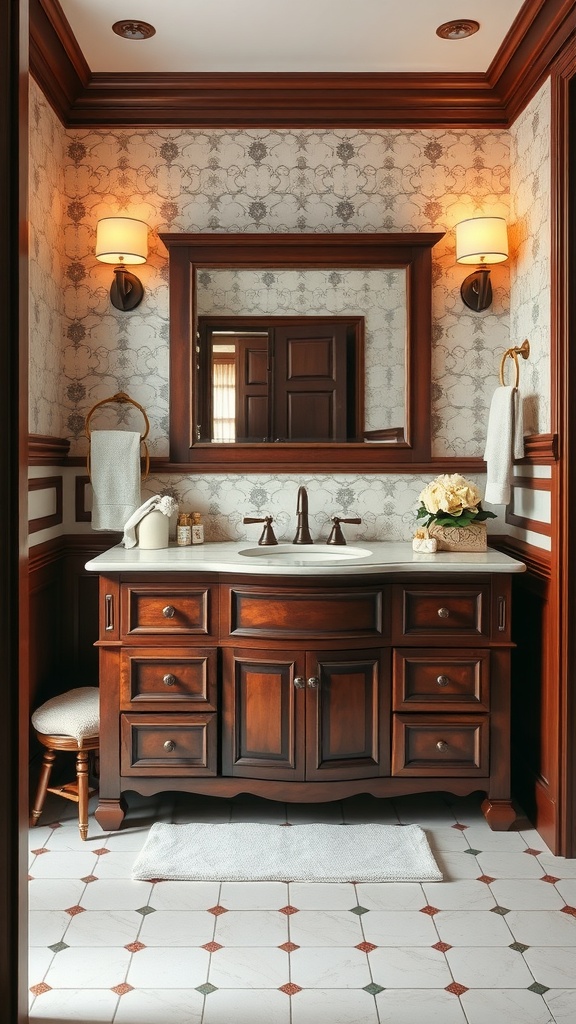 Classic cherry wood bathroom vanity with elegant design and warm lighting