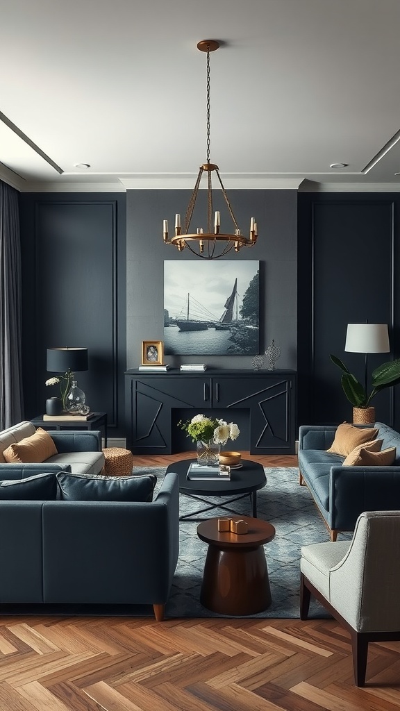 A classy living room with navy walls, a chandelier, and elegant furniture