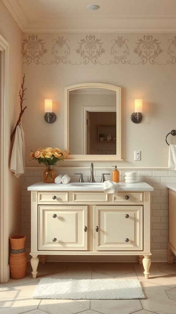A classic cream bathroom vanity with a marble countertop, featuring decorative elements like flowers and towels.