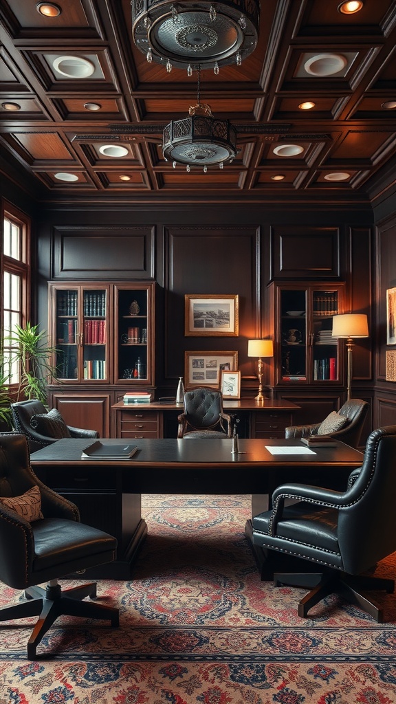 An elegant small office with dark wood panels, leather chairs, and a classic design.