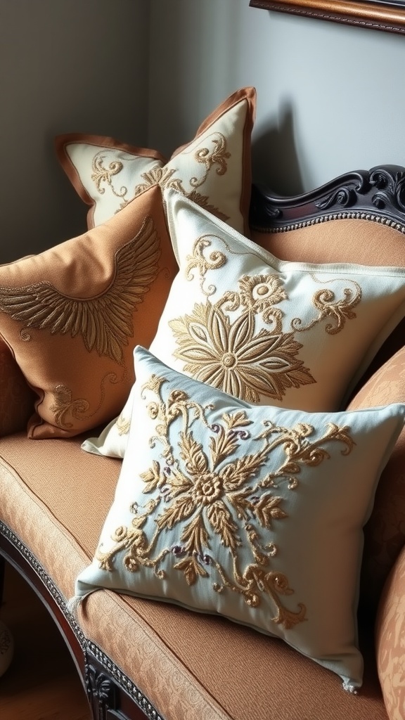 Decorative pillows with intricate embroidery on a stylish couch.