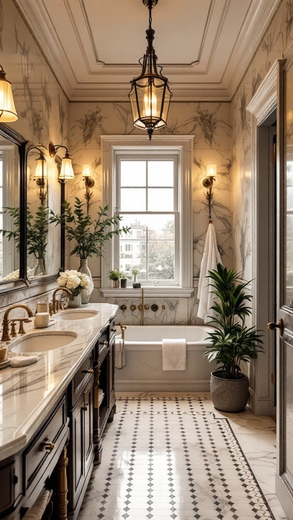 A guest bathroom featuring marble walls and countertops, ornate mirrors, and a chandelier.