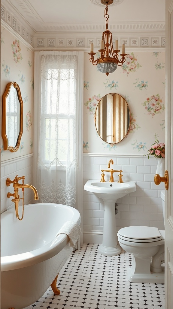 A vintage bathroom featuring floral motifs, a porcelain bathtub, and warm lighting.