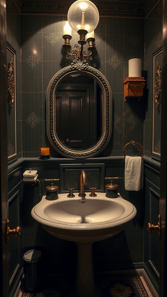 A vintage bathroom featuring a sculptural basin, dark green walls, ornate mirror, and elegant lighting.