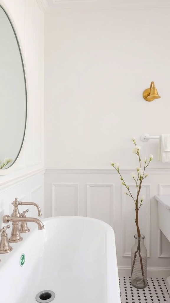 A serene bathroom with a freestanding tub, brass fixtures, and a round mirror, featuring elegant wainscoting and soft lighting.