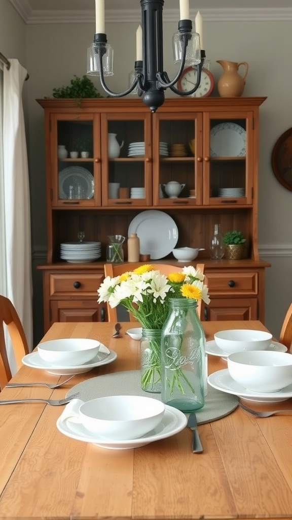 A modern farmhouse dining room featuring a wooden table set with white dishes and a floral centerpiece.