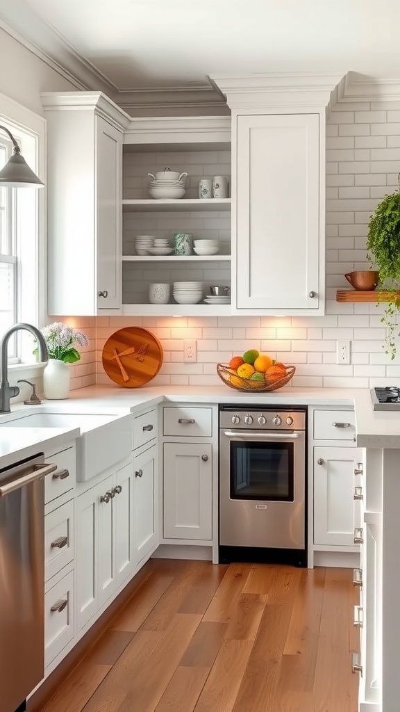 Classic farmhouse kitchen with coupled wooden cabinets and a farmhouse sink.