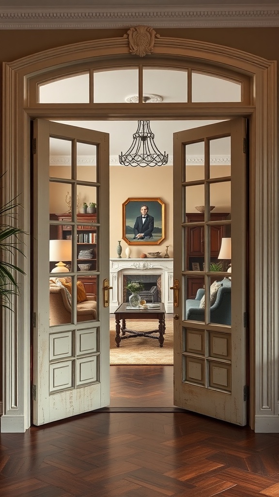 A view through classic French doors into a cozy living room with elegant decor and a fireplace.