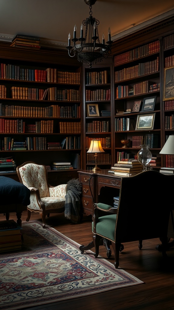Cozy Dark Academia bedroom featuring classic furniture, bookshelves filled with books, and warm lighting
