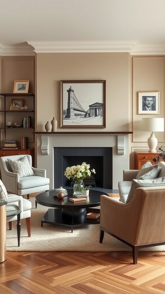 A cozy living room featuring a blend of Art Deco and contemporary furniture styles, with a sleek coffee table, soft armchairs, and elegant artwork.