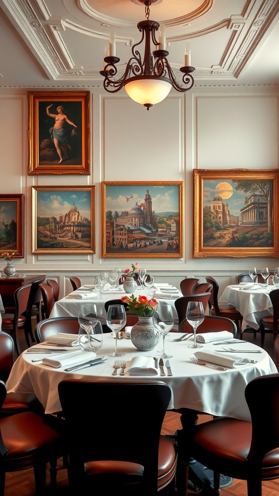 A luxurious Italian dining room with classic artwork and elegant decor.