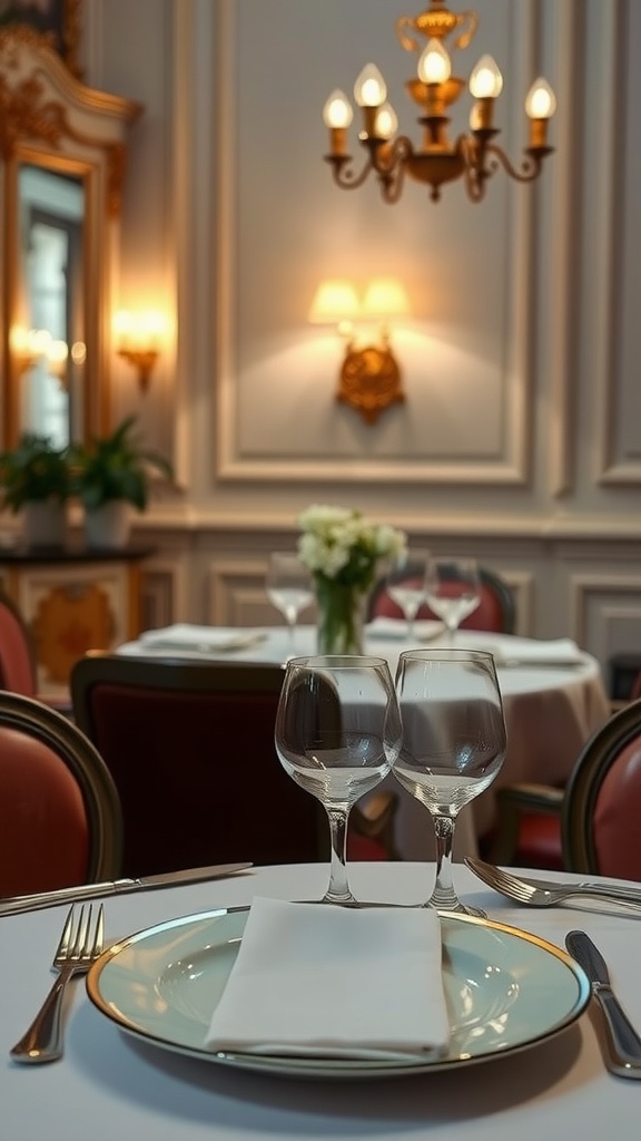 Elegant table setting in a luxurious Italian dining room featuring glasses, silverware, and a chandelier.