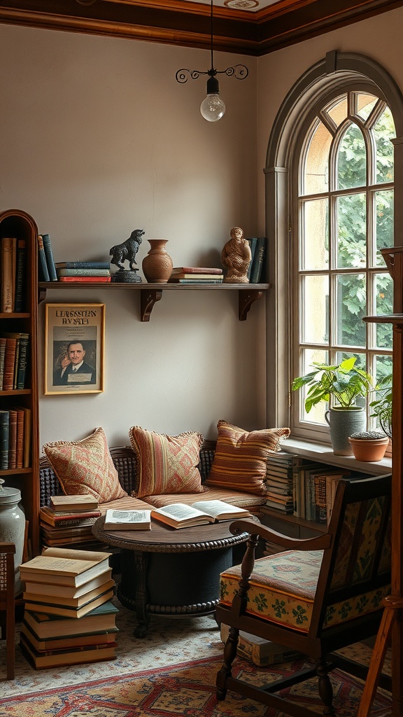 A cozy reading corner with comfortable seating, bookshelves filled with classic literature, and natural light coming in from a window.