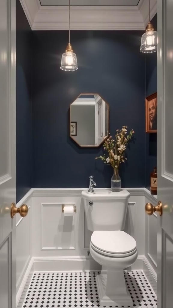 A stylish powder room featuring classic navy walls, white wainscoting, gold fixtures, and modern lighting.