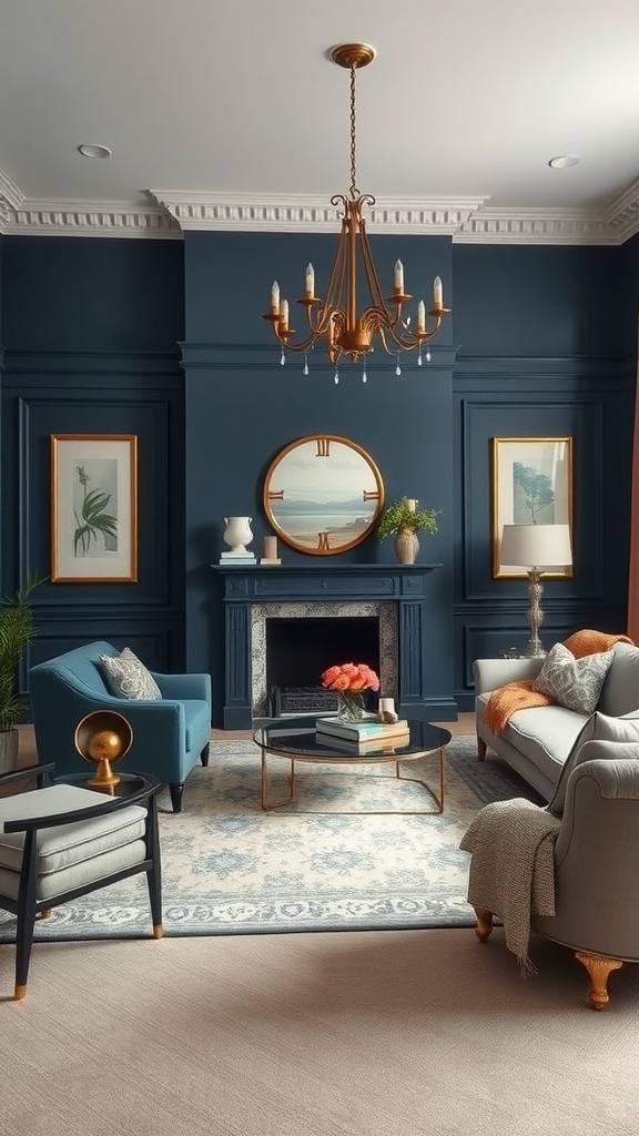 Living room with navy blue walls, elegant furniture, and a golden chandelier