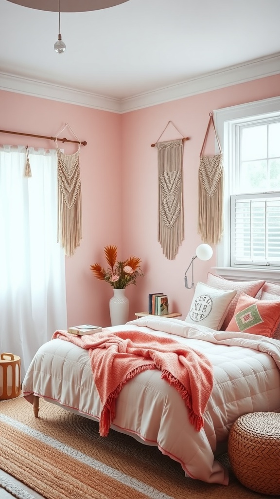 A classic pink boho style bedroom with macramé wall hangings, a cozy bed, and a vase of flowers.