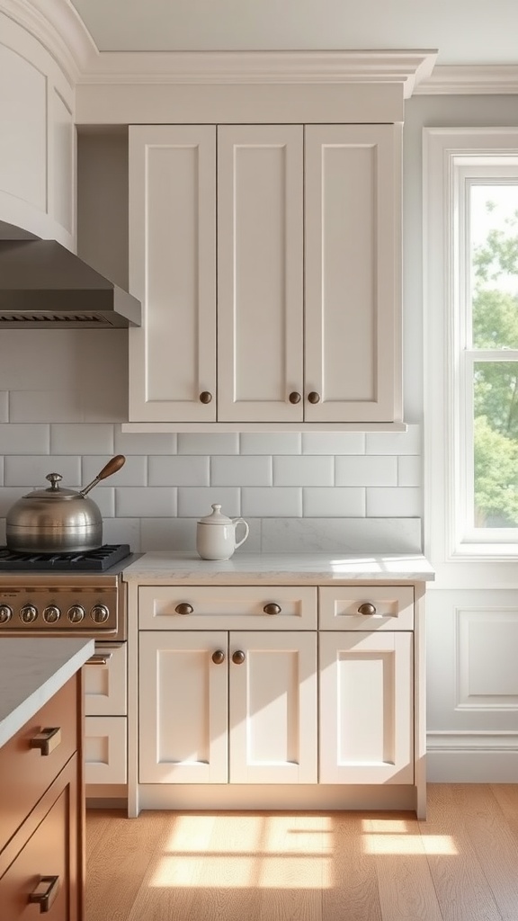 Classic Shaker style kitchen cabinet with neutral color and simple knobs