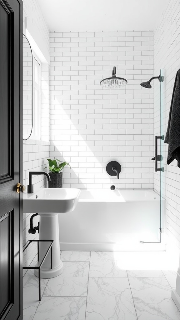 Bathroom with classic subway metro tiles in white and black accents