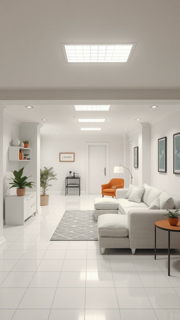 Bright and modern basement with white walls and cozy furniture.