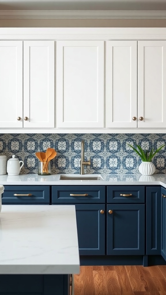 A kitchen featuring classic white upper cabinets and navy lower cabinets with a patterned backsplash and gold hardware.
